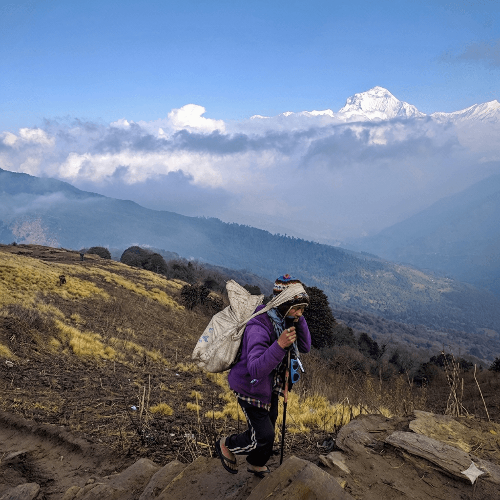 Himalayan porter carrying goods on mountain trail